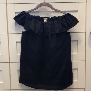 J Crew black linen off the shoulder ruffle top.